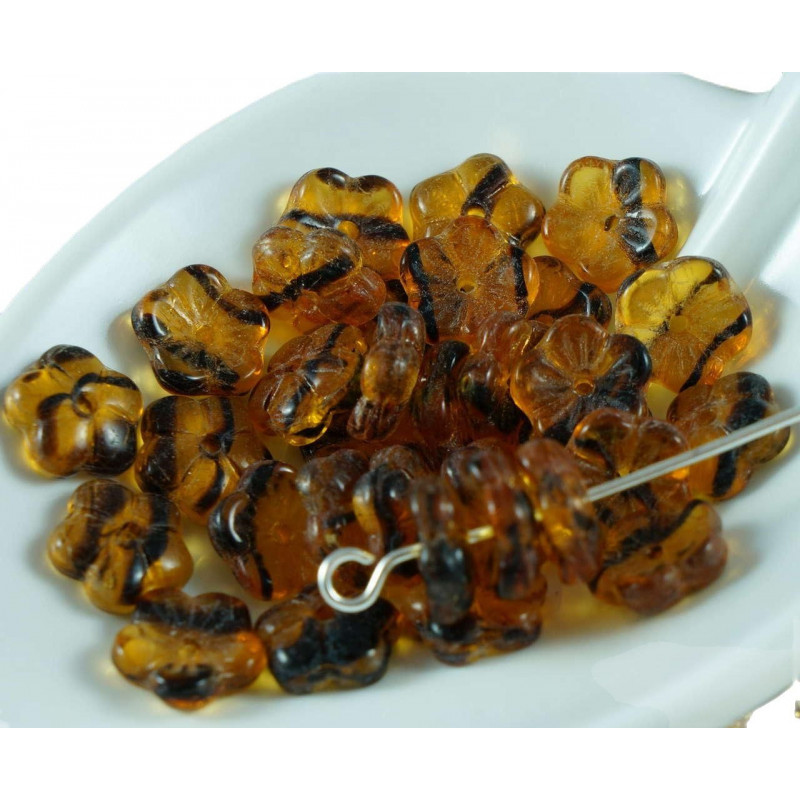 Tvarované korálky z českého skla průhledné, černožluté, pruhované, vypouklá kytička průměr 8 mm 60 kusů