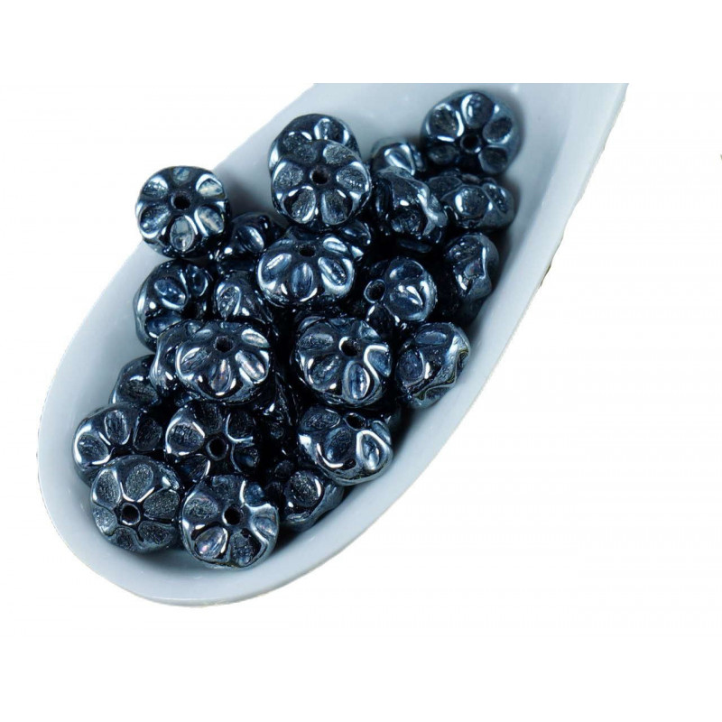 Tvarované kulaté ploché korálky z českého skla tvar kytičky stříbrné, hematit 6mm x 3 mm 50 kusů