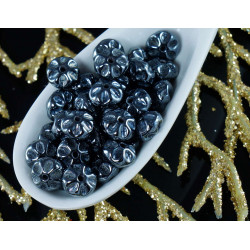 Tvarované kulaté ploché korálky z českého skla tvar kytičky stříbrné, hematit 6mm x 3 mm 50 kusů