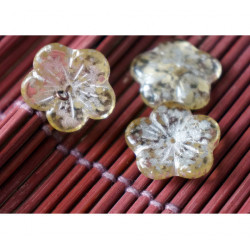 Velké tvarované korálky ve tvaru vypouklé kytičky české sklo průhledné, žluté, stříbrné, průměr 20 mm 4 kusy