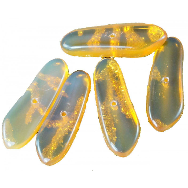 Velké korálky nepravidelného tvaru z českého skla ploché, průhledné, mléčně žluté, s jednou dírkou rozměry 30 mm x 9 mm 6 kusů