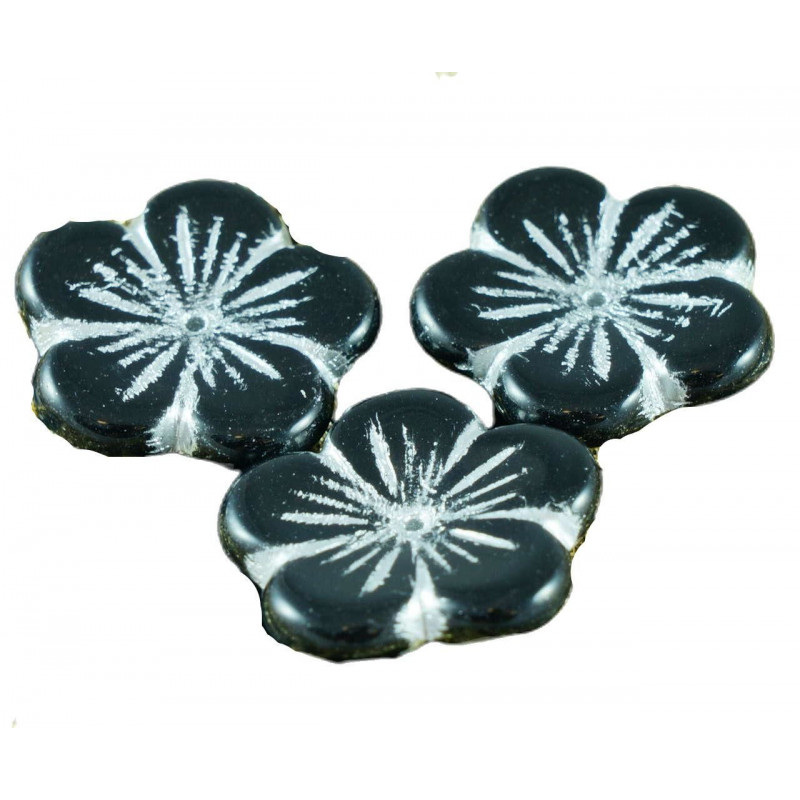 Tvarované korálky z českého skla neprůhledné, černé a stříbrné, vypouklé, kytička velikost 20 mm 4 kusy