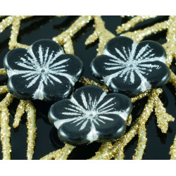 Tvarované korálky z českého skla neprůhledné, černé a stříbrné, vypouklé, kytička velikost 20 mm 4 kusy