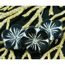 Tvarované korálky z českého skla neprůhledné, černé a stříbrné, vypouklé, kytička velikost 20 mm 4 kusy