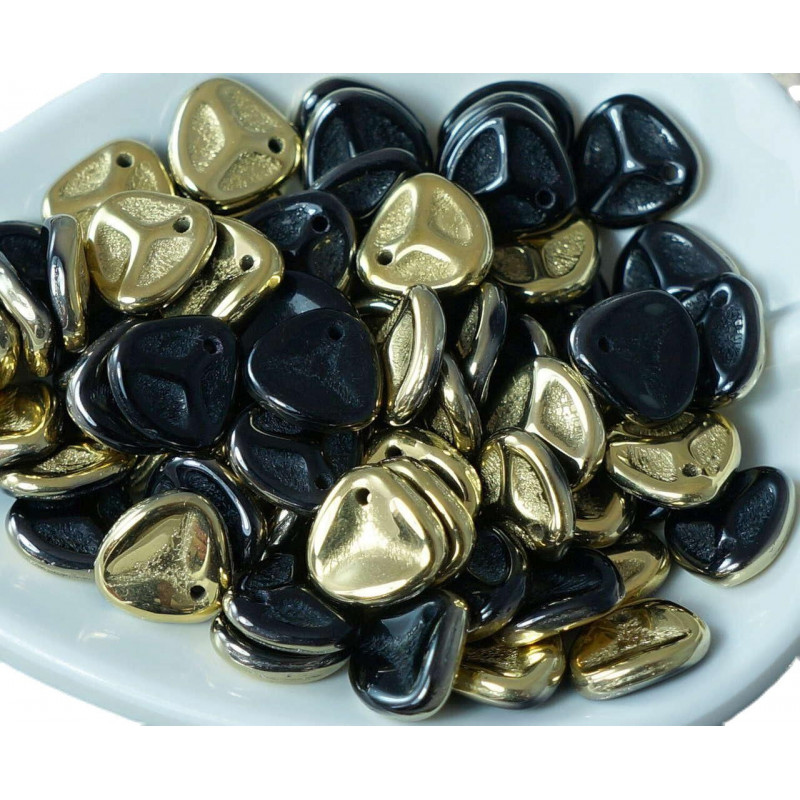 Korálky PRECIOSA z českého skla ve tvaru okvětních lístků, ploché, neprůhledné, černé a zlaté, rozměry 8 mm x 7 mm 50 kusů