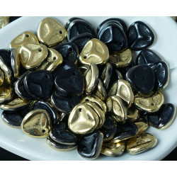 Korálky PRECIOSA z českého skla ve tvaru okvětních lístků, ploché, neprůhledné, černé a zlaté, rozměry 8 mm x 7 mm 50 kusů