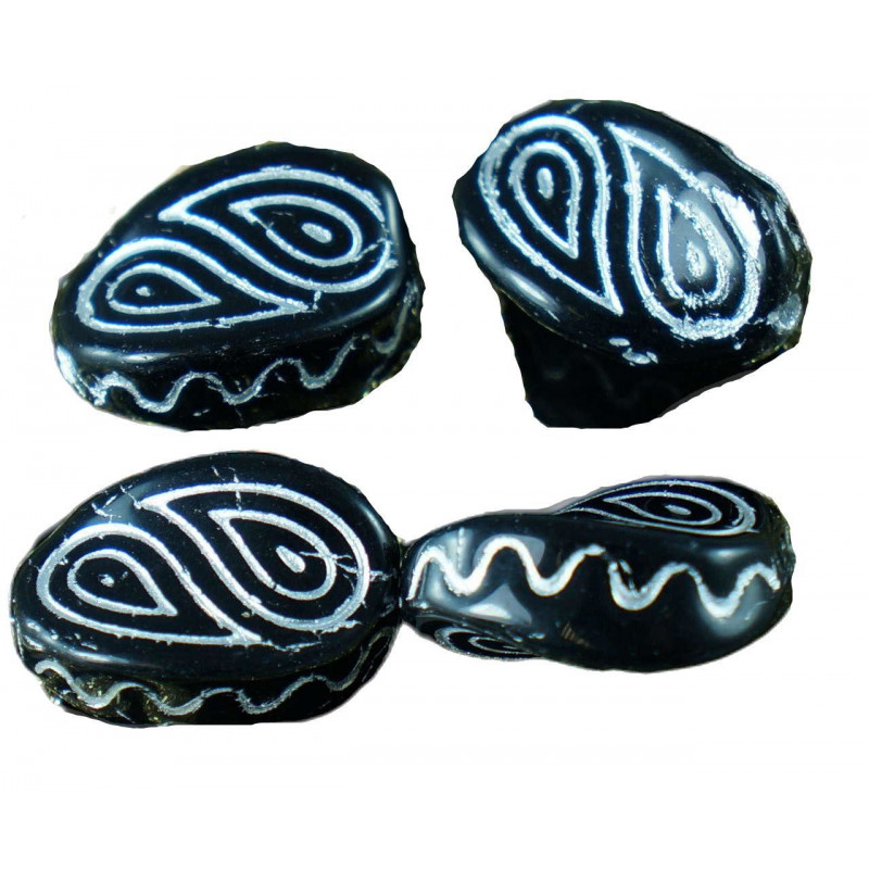 Oválné zvlněné korálky černé se stříbrným motivem rozměry 17 mm x 10 mm 6 kusů