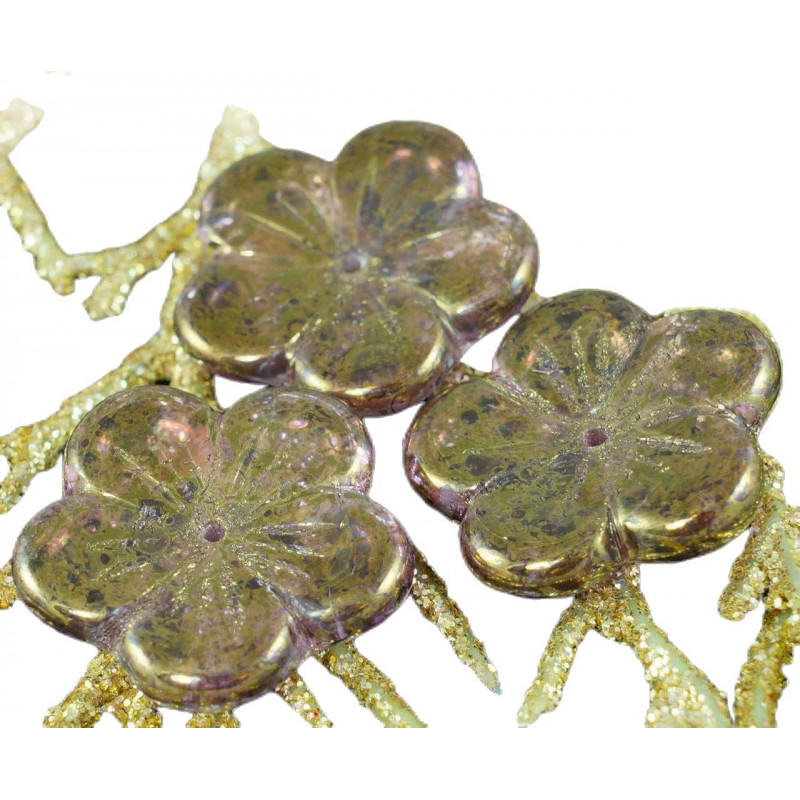 Velké ploché tvarované korálky ve tvaru kytičky české sklo bronzové, fialové, průměr 20 mm 4 kusy