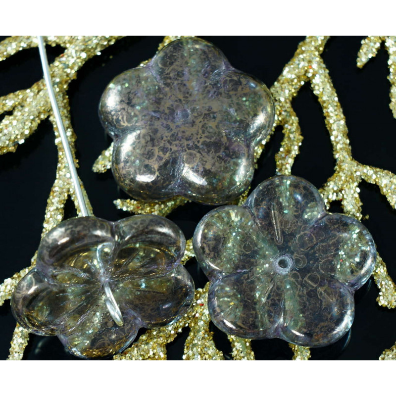 Velké korálky z českého skla tvar kytičky průhledné, bronzové, travertin průměr 20 mm 4 kusy