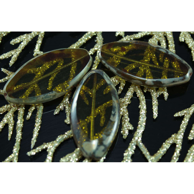 Velké oválné ploché korálky Picasso z českého skla průhledné, žluté, velikost 35 mm 2 kusy