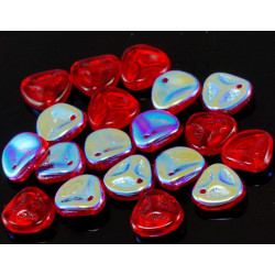 Korálky Picasso z českého skla ve tvaru okvětních lístků, ploché, poloprůhledné, rubínově červené a s odlesky rozměry 7 mm x 8