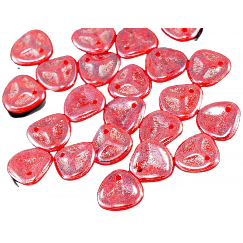 Korálky Picasso z českého skla ve tvaru okvětních lístků, ploché, neprůhledné, červené, s odlesky rozměry 7 mm x 8 mm 50 kusů