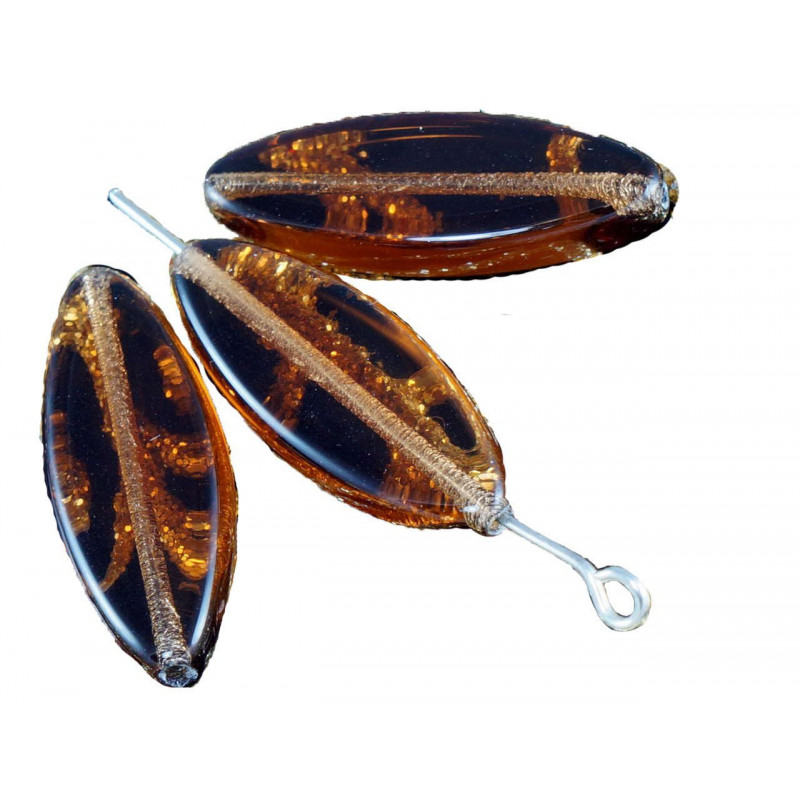 Ploché oválné korálky z českého skla průhledné, hnědé, rozměry 24 mm x 9 mm 6 kusů