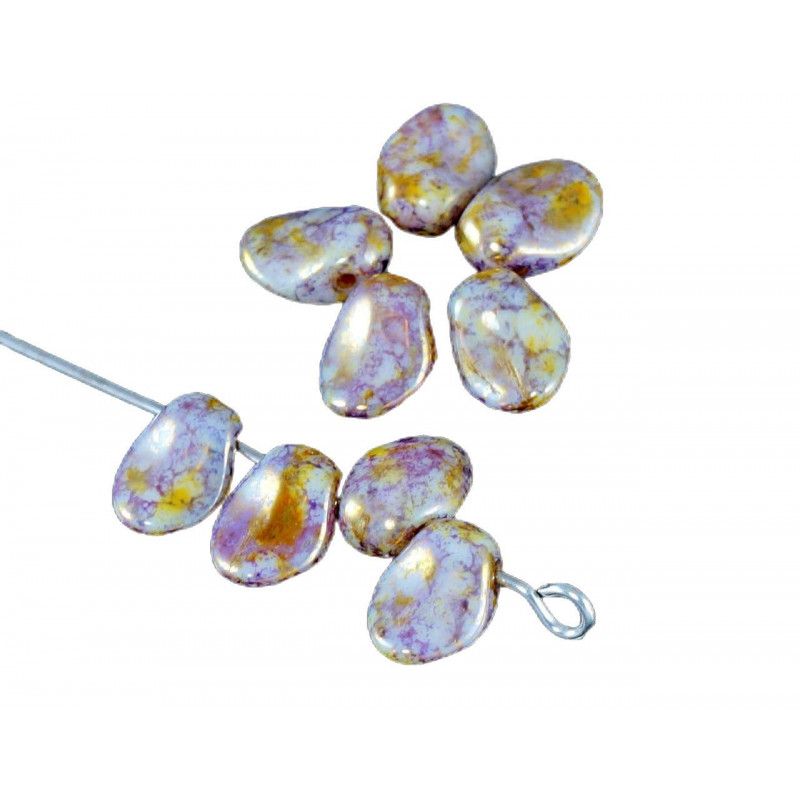 Korálky z českého skla ve tvaru ploché kapky neprůhledné, lesklé, fialové, mramorový vzhled rozměry 6 mm x 8 mm 30 kusů