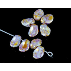 Korálky z českého skla ve tvaru ploché kapky neprůhledné, lesklé, fialové, mramorový vzhled rozměry 6 mm x 8 mm 30 kusů