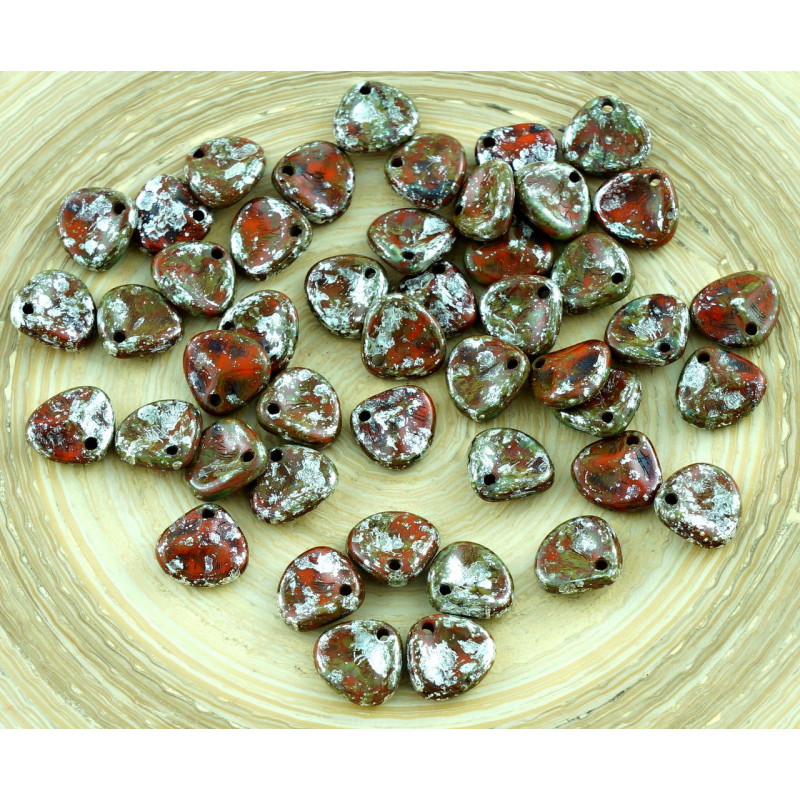 Korálky z českého skla ve tvaru okvětních lístků, ploché, neprůhledné, červené, stříbrné, mramorové, rozměry 8 mm x 7 mm 50 kusů