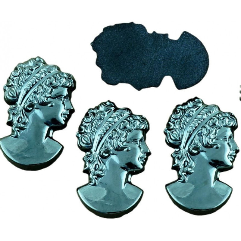 Kabošon z českého skla ve tvaru siluety hlavy ženy řecký portrét kovově stříbrný, hematit rozměr 25 mm x 18 mm 1 kus