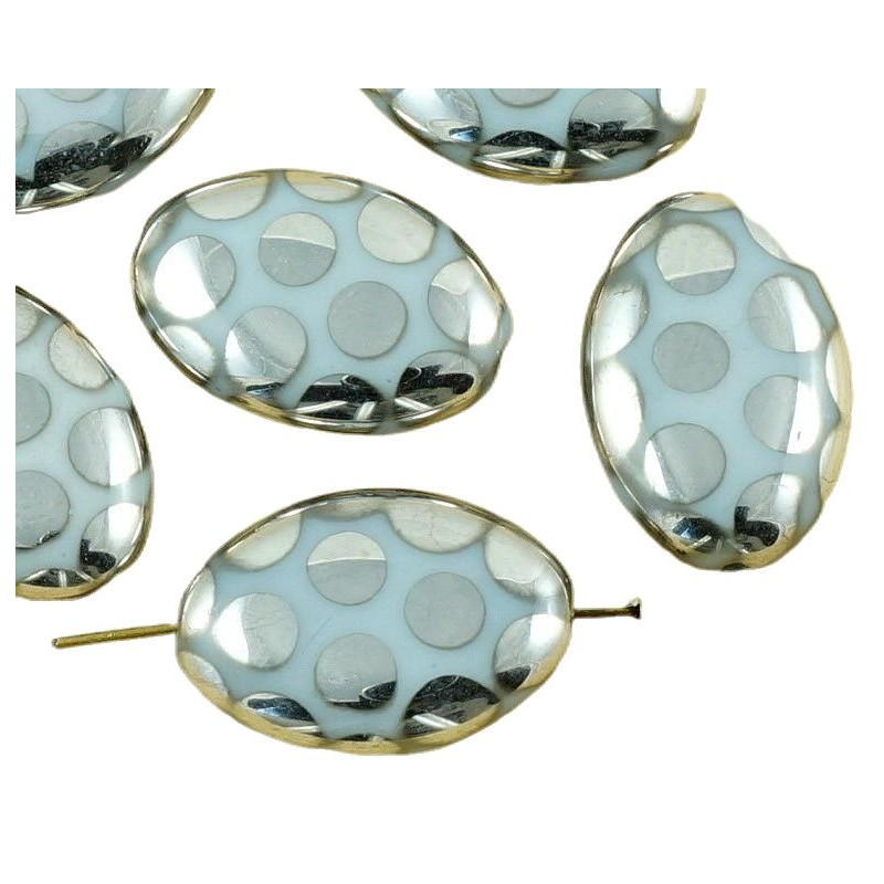 Velké korálky bílé se stříbrnými puntíky oválné, oblázky rozměry 20 mm x 14 mm 6 kusů