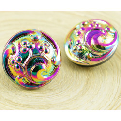 Kulatý knoflík z českého skla duhový, zelený, ruční práce velikost 8 průměr 18 mm 1 kus