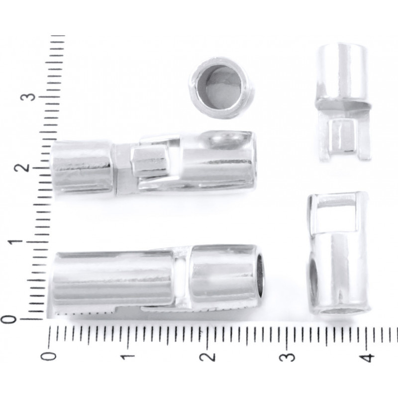 Kovová koncovka na kůži stužky postříbřená, kulatá, kovové zapínání, bižuterní komponent 36 mm x 8 mm 3 sady