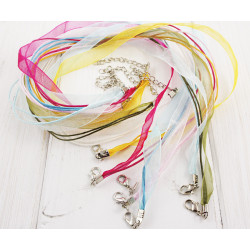 Organzové stužky náhrdelník mix barev: modré, fialové, žluté, bílé, se zapínáním a adjustačním řetízkem šířka 10mm 4 kusy délka