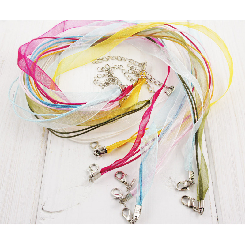 Organzové stužky náhrdelník mix barev: modré, fialové, žluté, bílé, se zapínáním a adjustačním řetízkem šířka 10mm 4 kusy délka