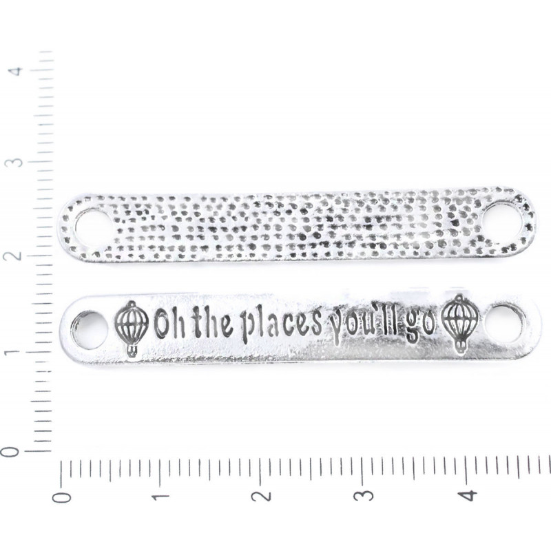 Kovový plíšek na náramky konektor s nápisem se dvěma dírkami stříbrný starožitný vzhled rozměry 46 mm x 7 mm 2 kusy
