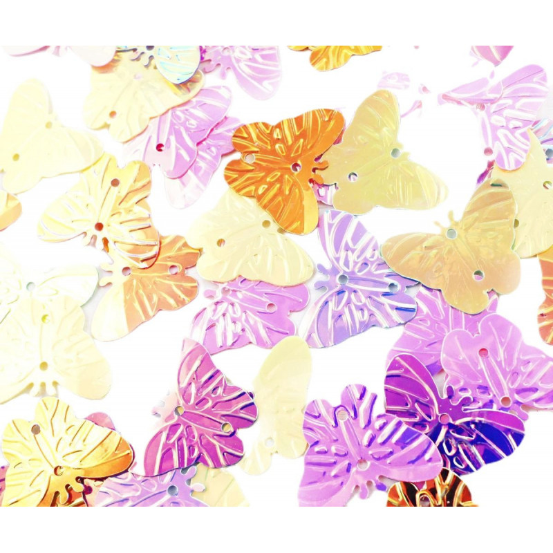 Ploché konfety ve tvaru motýlků, flitry vícebarevné, lesklé, k vyšívání, výroba dvě dírky velikost 22 mm x 20 mm dírka 1 mm 20 g