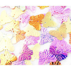 Ploché konfety ve tvaru motýlků, flitry vícebarevné, lesklé, k vyšívání, výroba dvě dírky velikost 22 mm x 20 mm dírka 1 mm 20 g