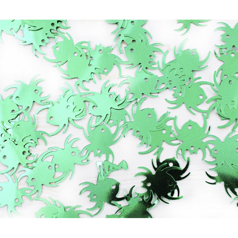 Ploché konfety ve tvaru pavouka flitry kovově zelené, k vyšívání, vyrábění, velikost 15 mm x 13 mm dvě dírky dírka 1 mm 20 g