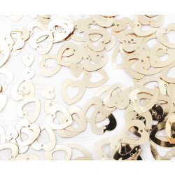 Ploché konfety ve tvaru srdce flitry kovově světle zlaté, mix tvarů a velikostí, k vyšívání, vyrábění, dírka 1 mm 20 g