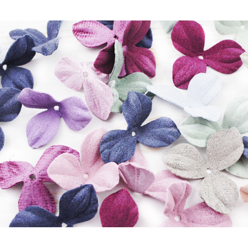 Textilní květiny kytičky trojlístky mix barev - zelené, modré, růžové, červené, komponenty pro tvoření, velikost 30 mm 30 kusů