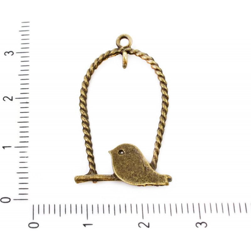 Kovový přívěsek ve tvaru ptáčka v kleci starožitný bronzový vzhled rozměry 32 mm x 18 mm dírka 1, 5 mm 4 kusy