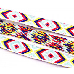 Plochý proužek náramek s červeným žlutým tyrkysovým a šedým vzorem bavlněný, stužka náramek boho styl etno šířka 28 mm 2 metry