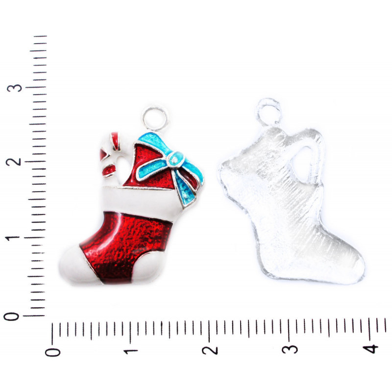 Kovový přívěsek motiv - vánoční Santova punčocha bílá, červená a tyrkysová, glazovaná, rozměry 15 mm x 24 mm 4 kusy