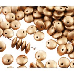 Kulaté korálky z českého skla ploché, neprůhledné, matné, kovově světle zlaté, ve tvaru čočky jedna dírka mimo střed průměr 6