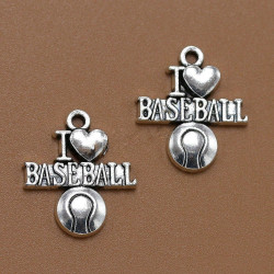 Kovový přívěsek se sportovním motivem I love Baseball stříbrný starožitný vzhled velikost 22 mm x 19 mm dírka 1, 5 mm 6 kusů