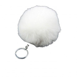 Malá bambulka kulička pom-pom z bílé umělé kožešiny načechraný, přívěsek na klíče kabelku stříbrný řetízek 100 mm 1 kus