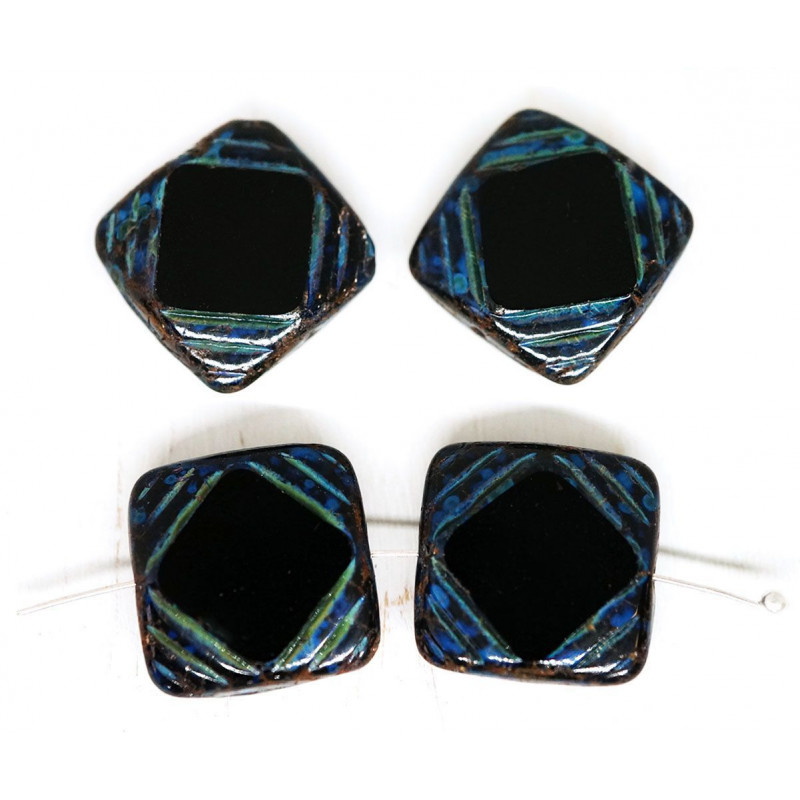 Ploché hranaté čtveraté korálky Picasso z českého skla neprůhledné, černé, se zářezy rozměry 15 mm 4 kusy