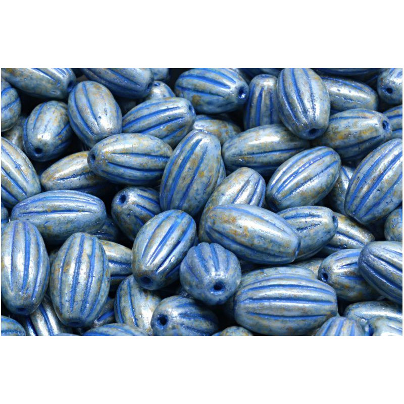 8 ks Modrý bílý lesklý bílý patina lněný olivový meloun Tube oválné české sklo 14mm x 8mm