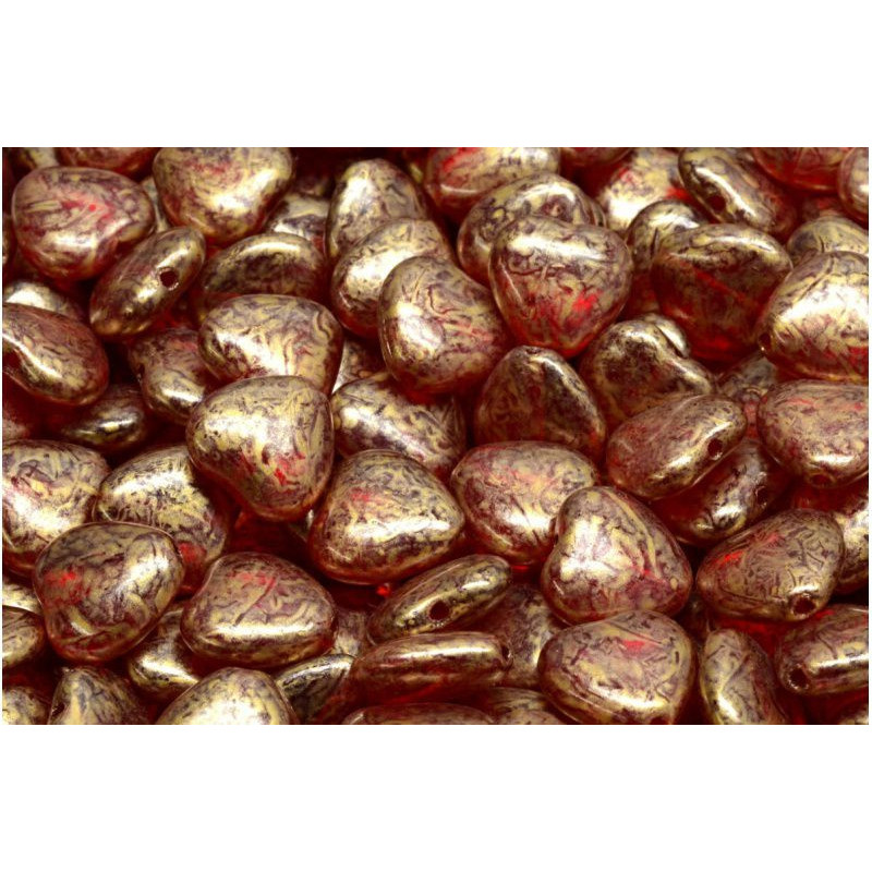 12 ks Crystal Dark Red Gold Patina Heart Beads české sklo 10mm