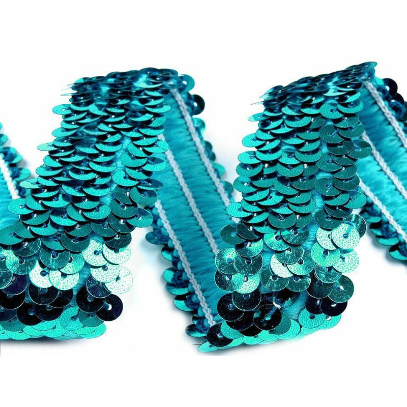 13.5m (30mm) Tyrkysová Flitrový Prýmek Šíře 20 - 30mm Elastický, Prýmky Flitrové, Prýmky Hadovky Borty Textilní Galanterie