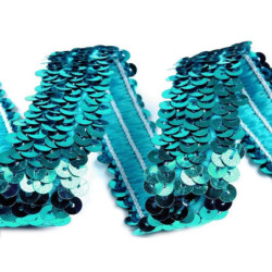 13.5m (30mm) Tyrkysová Flitrový Prýmek Šíře 20 - 30mm Elastický, Prýmky Flitrové, Prýmky Hadovky Borty Textilní Galanterie