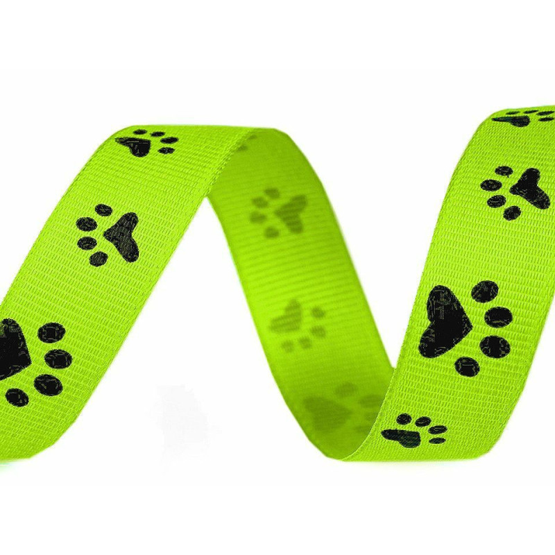 45m 2 Lime Green Neon Rypsová Stuha / Popruh Šíře 15mm Potisk Tlapky Rypsové Stuhy - Potiskem Textilní Galanterie