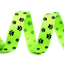45m 2 Lime Green Neon Rypsová Stuha / Popruh Šíře 15mm Potisk Tlapky Rypsové Stuhy - Potiskem Textilní Galanterie