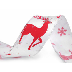 13.5m Červená Vánoční Atlasová Stuha S Glitry Jelen Vločky Šíře 37mm Stuhy - Motivy Textilní Galanterie