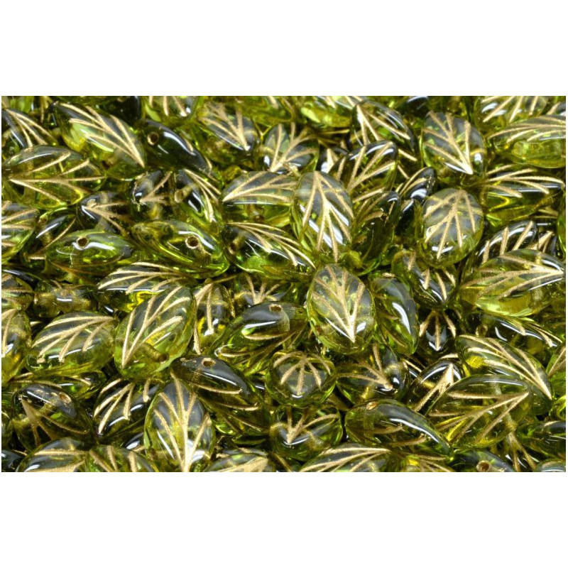 20 ks Zelené zlato Linované ploché vyřezávané listové plechovky české sklo 11mm x 7mm