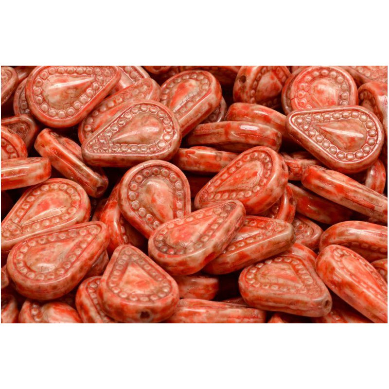 10 ks Picasso Orange Red Rustic Filigree Tear Drop Beads Teardrop Beads české sklo 14mm x 10mm