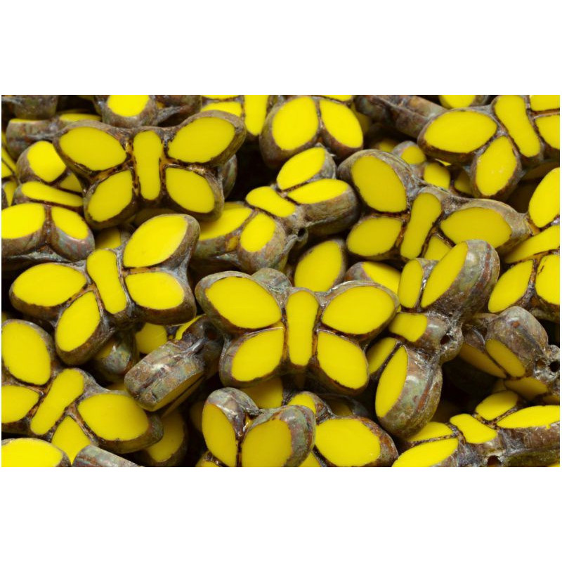 2 ks Picasso žluté hnědé rustikální okno stůl řezání ploché Tcb motýl zvířecí kroužky české sklo 11mm x 20mm