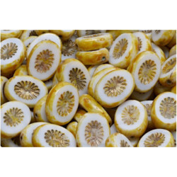 8 ks Picasso bílá hnědá Opaque Gold Patina Rustic Window Table Cut Flat Flower Oval Kiwi 0val Beads české sklo 14mm x 10mm